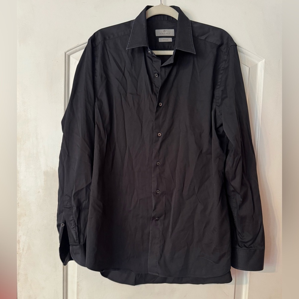 Canali 1934 Black Stretch Dress Shirt Button Front Italy 42 16.5